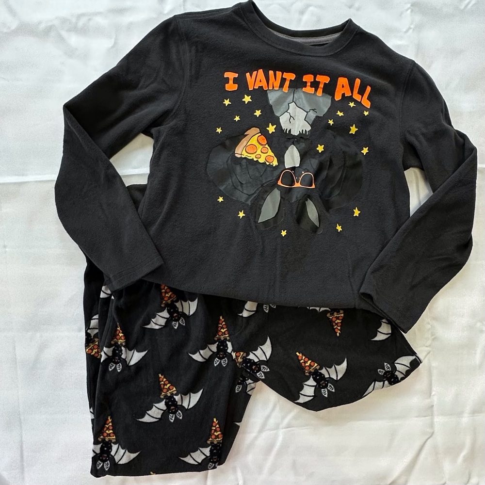 Old Navy Halloween theme dark gray‎ fleece pajama set boys L 10-12 bats pizza